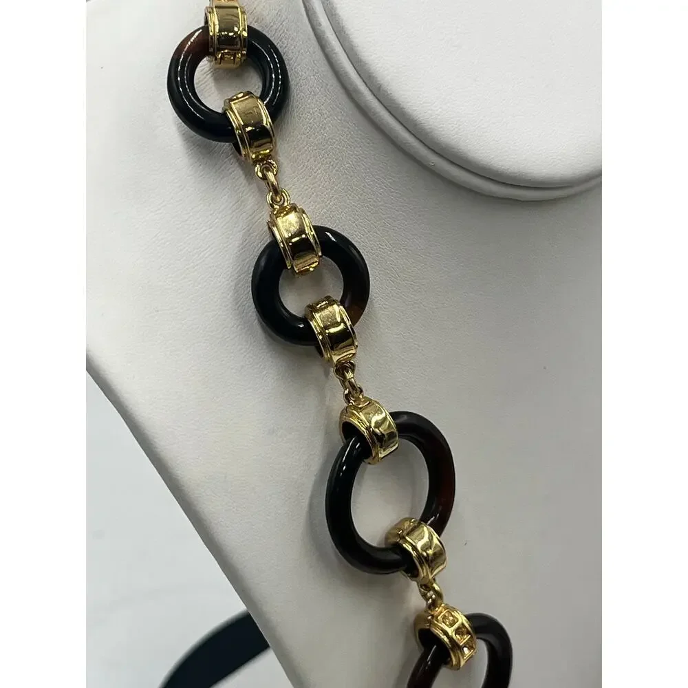 Kate Spade Faux Tortoise Shell Circle Gold Tone Links yellow rhinestone Necklace